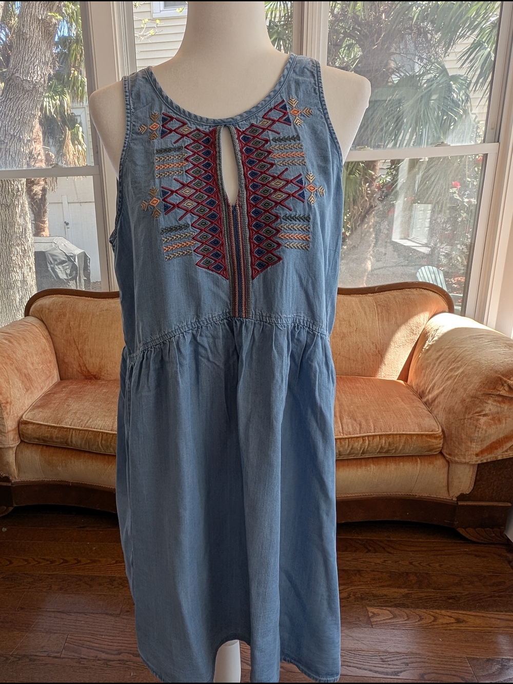 Sleeveless Embroidered Chambray Dress in Light Blue Denim Southwest Design
